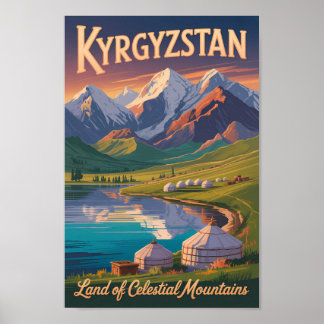 Kyrgyzstan Mountains Illustration Travel Art Vinta ポスター