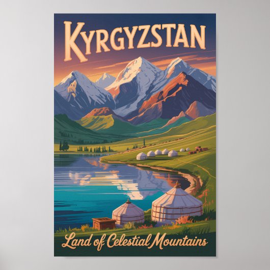 Kyrgyzstan Mountains Illustration Travel Art Vinta ポスター (正面)