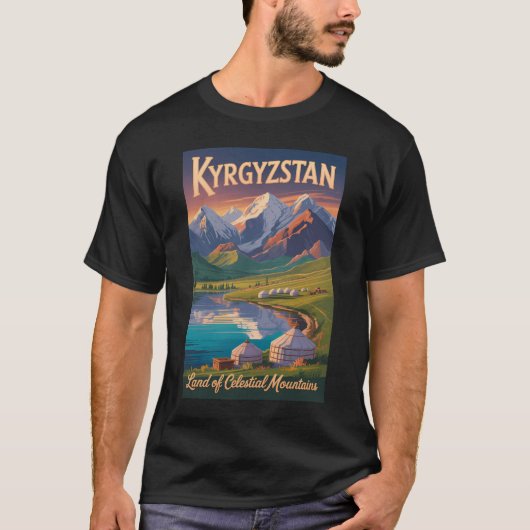 Kyrgyzstan Mountains Illustration Travel Art Vinta Tシャツ (正面)