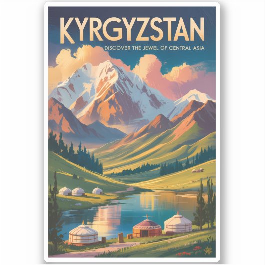 Kyrgyzstan Yurt Illustration Travel Art Vintage シール (正面)