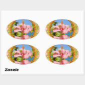 Lのフレームの水の上にピンクのハイビスカスの花 楕円形シール (シート)