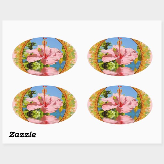 Lのフレームの水の上にピンクのハイビスカスの花 楕円形シール (シート)