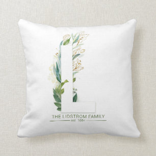 Lのモノグラム エレガント ゴールド グリーンハーブ ファミリーネーム クッション