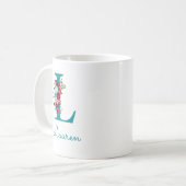 Lの文字のティール+ピンクの花柄 コーヒーマグカップ (正面左)