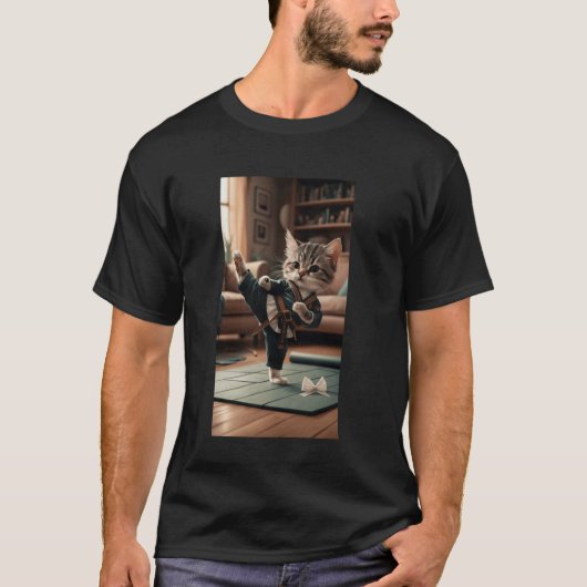 Lの武術家に扮した猫の高く蹴るポーズ Tシャツ (正面)