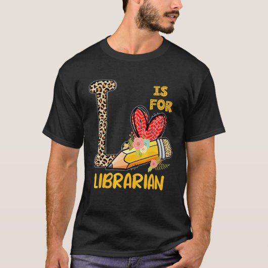 Lは図書館司書感謝のL Leopard Back To Sc Tシャツ (正面)