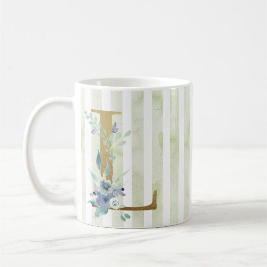 Lゴールデンイニシャルオンブルーとホワイトストライプ コーヒーマグカップ (左)