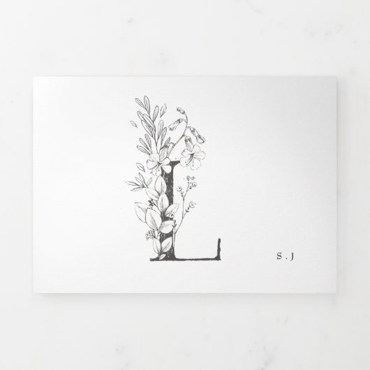 'L'モノグラム美しいスケッチフローラ結婚ズ 三つ折り招待状 (カバー)