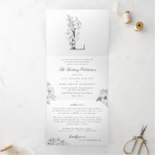 'L'モノグラム美しいスケッチフローラ結婚ズ 三つ折り招待状 (内部)