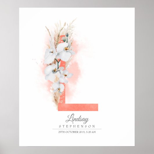 Lレターモノグラムホワイトランとパンパスグラス ポスター (正面)