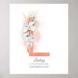 L字イニシャル 白いハスの花とパンパスグラス ポスター