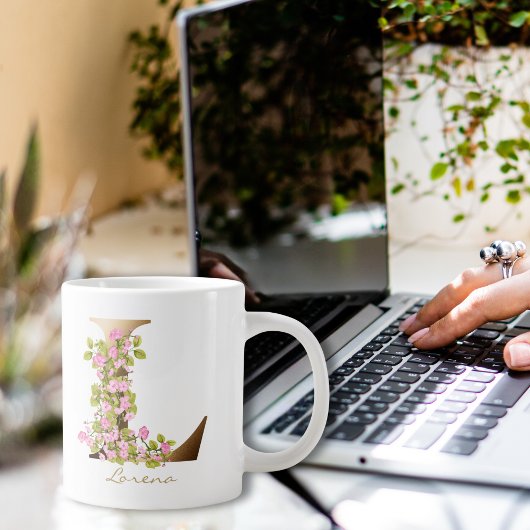 L字金ゴールドモノグラム |ピンクのさくらんぼ ジャンボコーヒーマグカップ