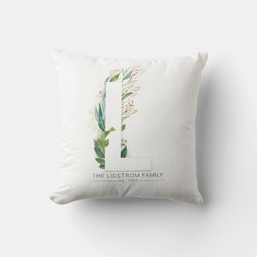 L モノグラム エレガント ゴールド グリーンネリー ファミリー ネーム クッション (正面)