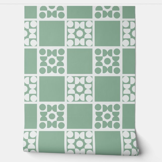 (L) 2502223C Retro Geometric Tiles Green 壁紙 (ほどく)