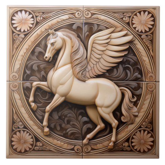 L Beige faux relief Art Nouveau Winged Horse タイル (正面)