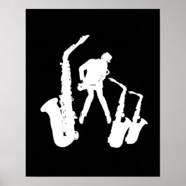 L Jazzmanホワイトシルエットサックスブラックポスター ポスター