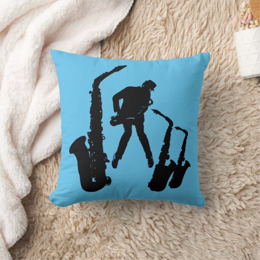 L Jazzman Black Saxophonist 2 Sax Jazz Blue Pillow クッション (ブランケット)
