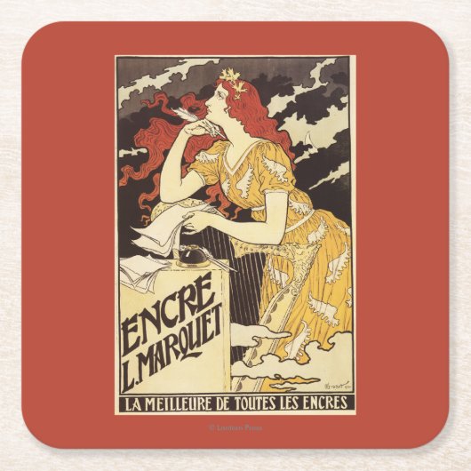 L. Marquet Inkの赤毛の女性及びハープ スクエアペーパーコースター (正面)