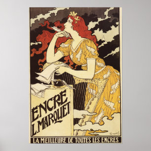 L. Marquet Inkの赤毛の女性及びハープ ポスター