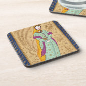 Laからのワインの容器そしてナシを、握っている女の子 コースター (左側)