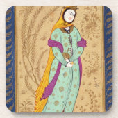 Laからのワインの容器そしてナシを、握っている女の子 コースター (正面)