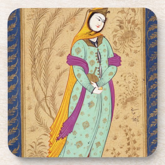 Laからのワインの容器そしてナシを、握っている女の子 コースター (正面)