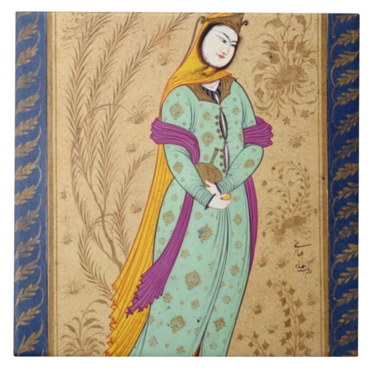 Laからのワインの容器そしてナシを、握っている女の子 タイル (正面)