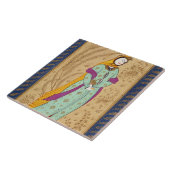 Laからのワインの容器そしてナシを、握っている女の子 タイル (側面)