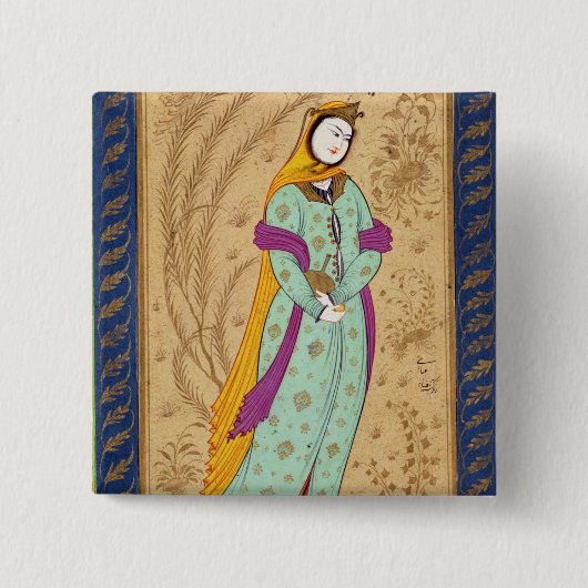 Laからのワインの容器そしてナシを、握っている女の子 缶バッジ (正面)