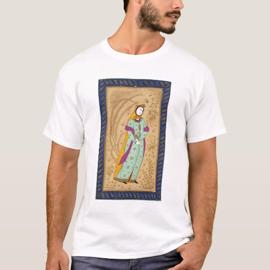 Laからのワインの容器そしてナシを、握っている女の子 Tシャツ (正面)