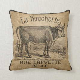 LaのBoucherieフランスのな牛バーラップのヴィンテージ クッション