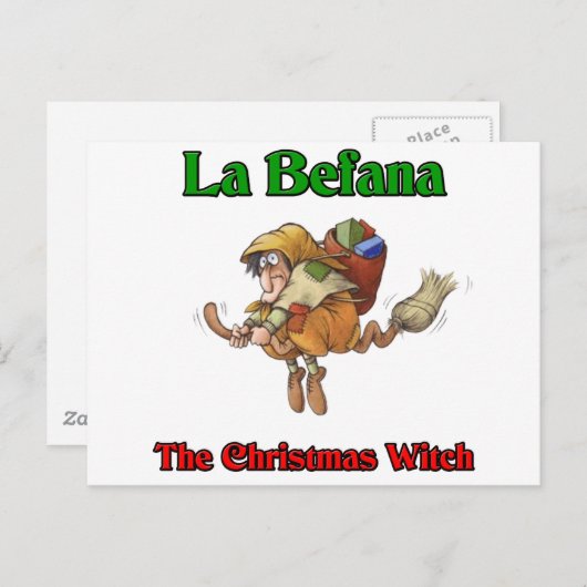 La Befanaクリスマスの魔法使い。 シーズンポストカード (正面/裏面)
