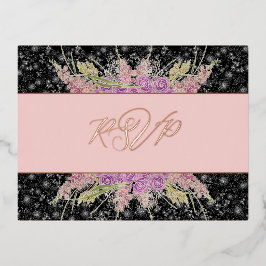 La Boca Rosa blush Ribbon roses on Black-Foil RSVP 箔招待状ポストカード