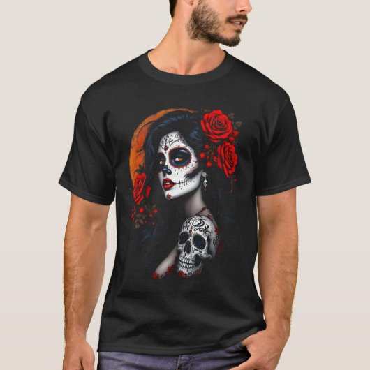La Catrina Dia De Los Muertos Sugar Skull Art Tシャツ (正面)