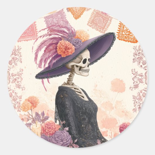 La Catrina Skeleton Lady Day of the Dead Decoupage ラウンドシール (正面)