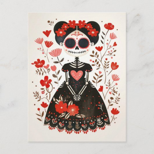 La Catrina with Flowers Whimsical Day of The Dead ポストカード (正面)