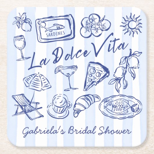 La dolce vita blue Italian bridal shower favors スクエアペーパーコースター (正面)