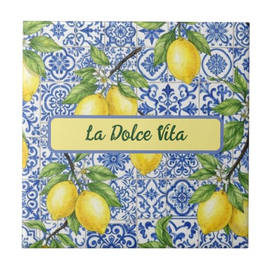 La Dolce Vita Sicilian Lemon, Blue Maiolica Patter タイル (正面)