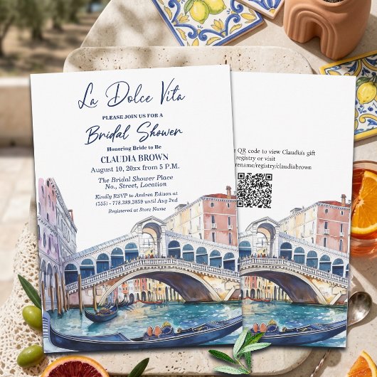 La Dolce Vita Watercolor Venice QR Code Bridal 招待状