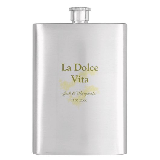 La Dolce Vita yellowのカップル結婚の名前の日付glit フラスク (正面)