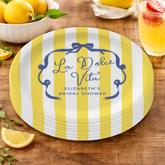 La Dolce Vita Yellow Stripe Bridal Shower ペーパープレート