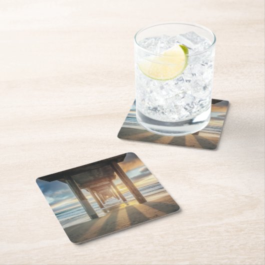 La Jollaの日没|サンディエゴのScrippsの桟橋 スクエアペーパーコースター (インサイチュ)