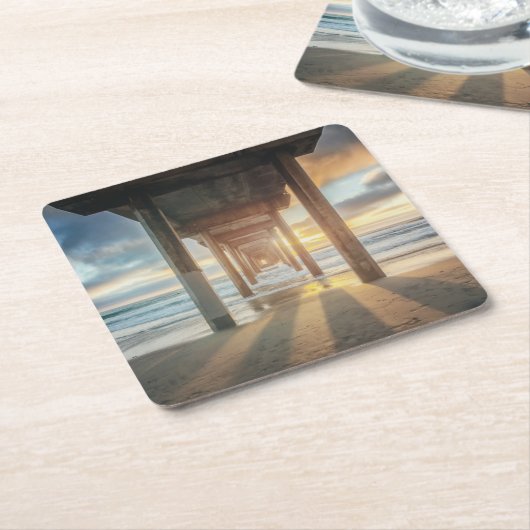 La Jollaの日没|サンディエゴのScrippsの桟橋 スクエアペーパーコースター (アングル)