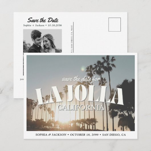 La Jolla Wedding Save the Date Palm Tree Retro ポストカード (正面/裏面)