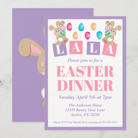 La La Easter Bunny Easter Dinner Invitation 招待状 (正面/裏面)