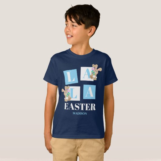 La La Easter Cute Bunny Navy Blue Boys Tシャツ (正面フル)