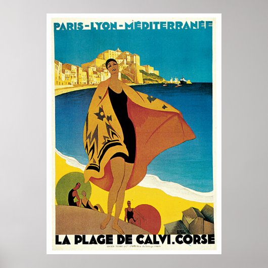 La Plage de Calvi,フランスのヴィンテージ旅行ポスター ポスター (正面)