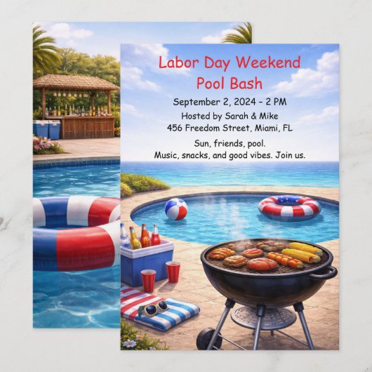 Labor Day Pool Party Red White and Blue Invitation 招待状 (正面/裏面)