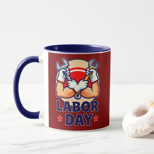 Labor Day Strong Worker Hands Illustration マグカップ (ドーナツ)