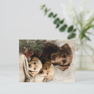 Labrador and Puppies Vintage Christmas シーズンポストカード